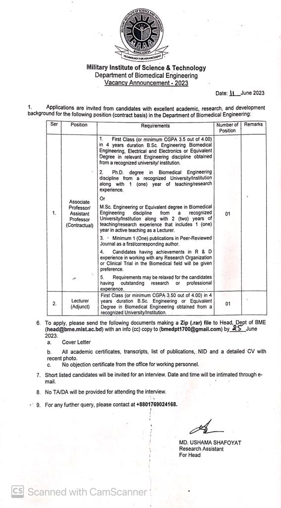 Circular for Associate/Assistant Professor(Contractual) and Lecturer(Adjunct)